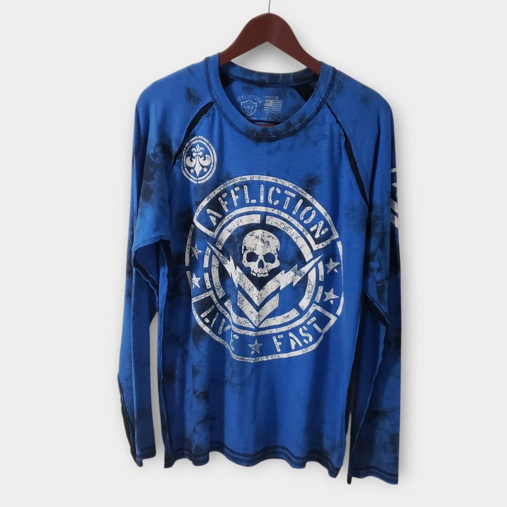Affliction Live Fast Standard LTD Long Sleeve Blue Tie Dye Skull Shirt Mens M
